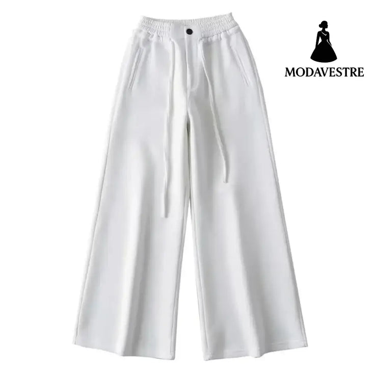 High waisted drawstring loose wide leg pants White / S