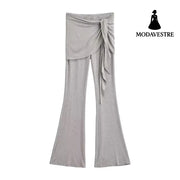 High waisted elastic pants Flower Gray / S