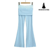 High waisted lace patchwork micro flared pants