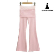 High waisted lace patchwork micro flared pants