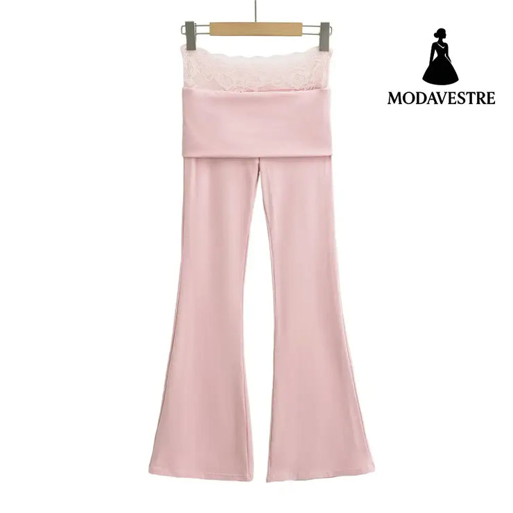 High waisted lace patchwork micro flared pants