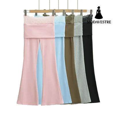 High waisted lace patchwork micro flared pants