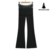 High waisted lace patchwork micro flared pants Black / S