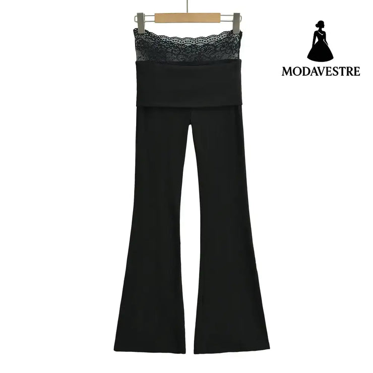 High waisted lace patchwork micro flared pants Black / S