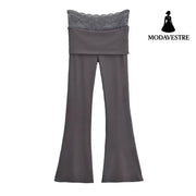 High waisted lace patchwork micro flared pants Dark Gray / S