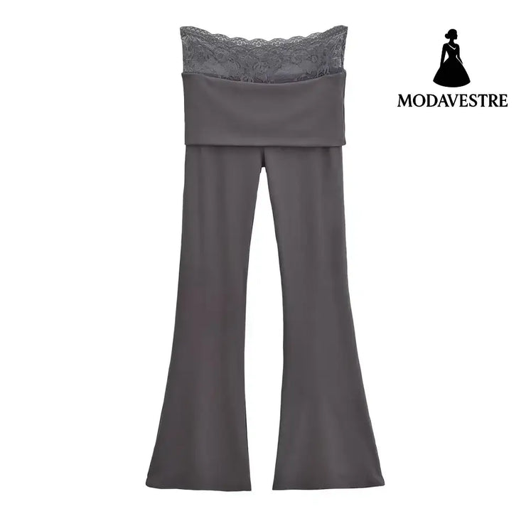 High waisted lace patchwork micro flared pants Dark Gray / S