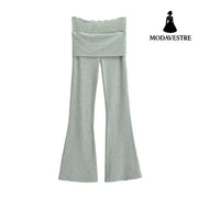 High waisted lace patchwork micro flared pants Gray / S