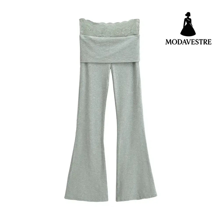 High waisted lace patchwork micro flared pants Gray / S