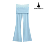 High waisted lace patchwork micro flared pants Light Blue / S