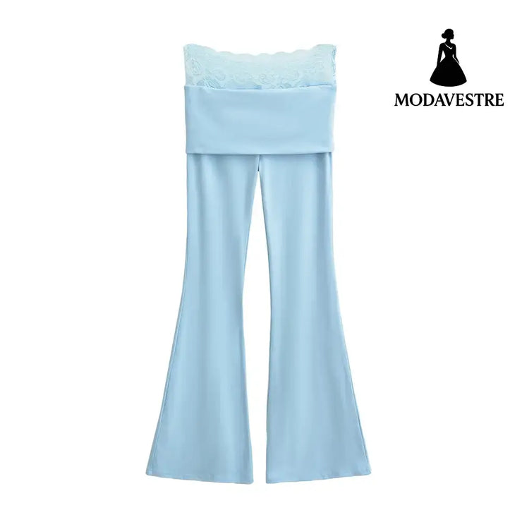 High waisted lace patchwork micro flared pants Light Blue / S