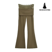 High waisted lace patchwork micro flared pants Mocha Brown / S