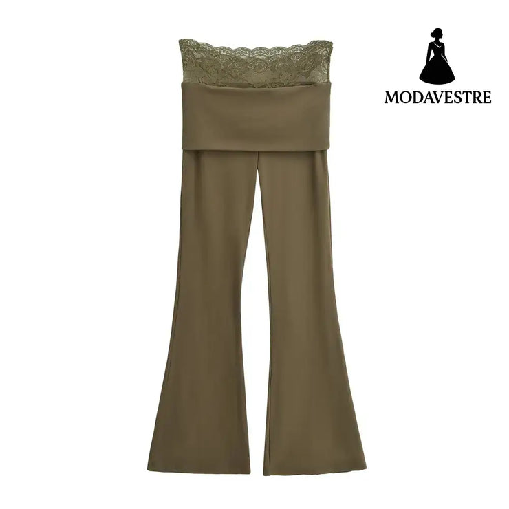 High waisted lace patchwork micro flared pants Mocha Brown / S