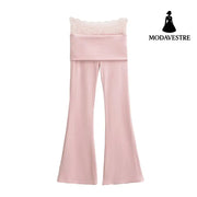 High waisted lace patchwork micro flared pants Peach Pink / S