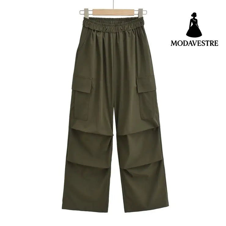 High waisted loose fitting straight leg wide leg pants Army Green / S