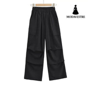 High waisted loose fitting straight leg wide leg pants Black / S