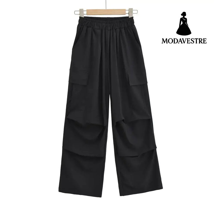 High waisted loose fitting straight leg wide leg pants Black / S