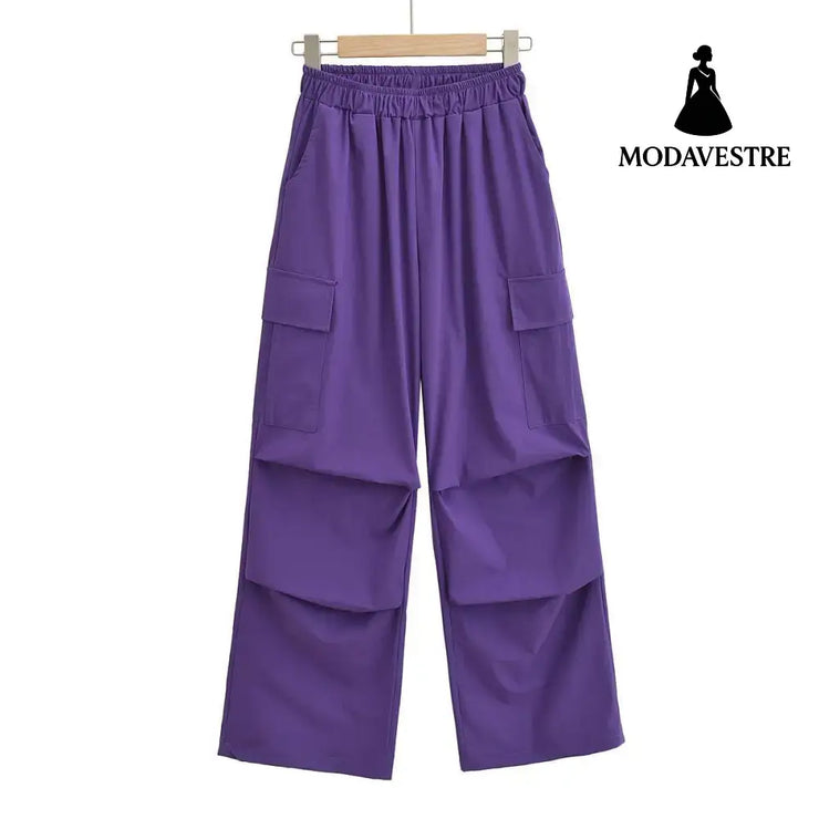 High waisted loose fitting straight leg wide leg pants Grape Purple / S