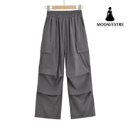 High waisted loose fitting straight leg wide leg pants Gray / S