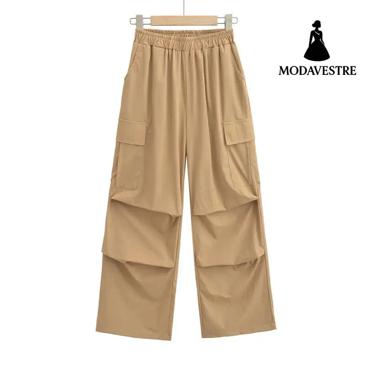 High waisted loose fitting straight leg wide leg pants Khaki / S