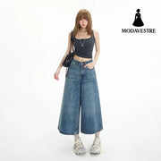 High-Waisted Loose Wide-Leg Pants Flowy Versatile Cropped Straight-Leg Jeans for Women