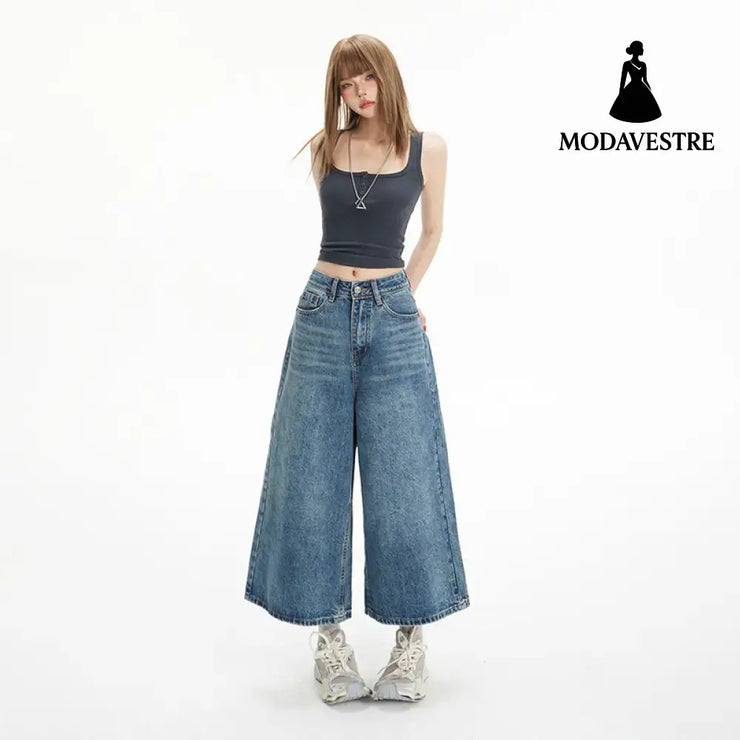 High-Waisted Loose Wide-Leg Pants Flowy Versatile Cropped Straight-Leg Jeans for Women