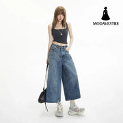 High-Waisted Loose Wide-Leg Pants Flowy Versatile Cropped Straight-Leg Jeans for Women