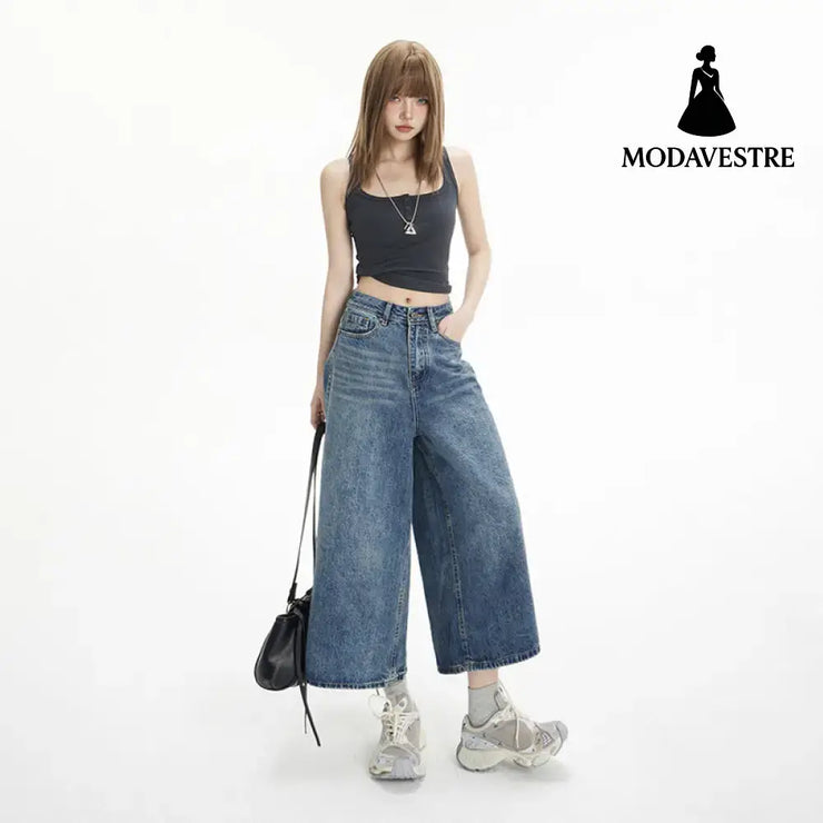 High-Waisted Loose Wide-Leg Pants Flowy Versatile Cropped Straight-Leg Jeans for Women