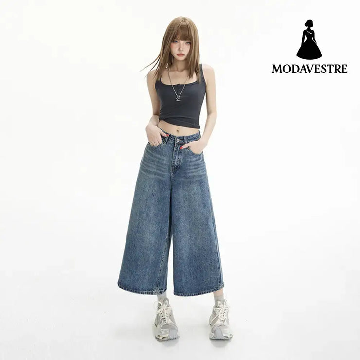 High-Waisted Loose Wide-Leg Pants Flowy Versatile Cropped Straight-Leg Jeans for Women