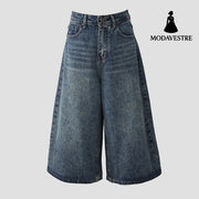 High-Waisted Loose Wide-Leg Pants Flowy Versatile Cropped Straight-Leg Jeans for Women Retro Seven-Quarter Pants / XS