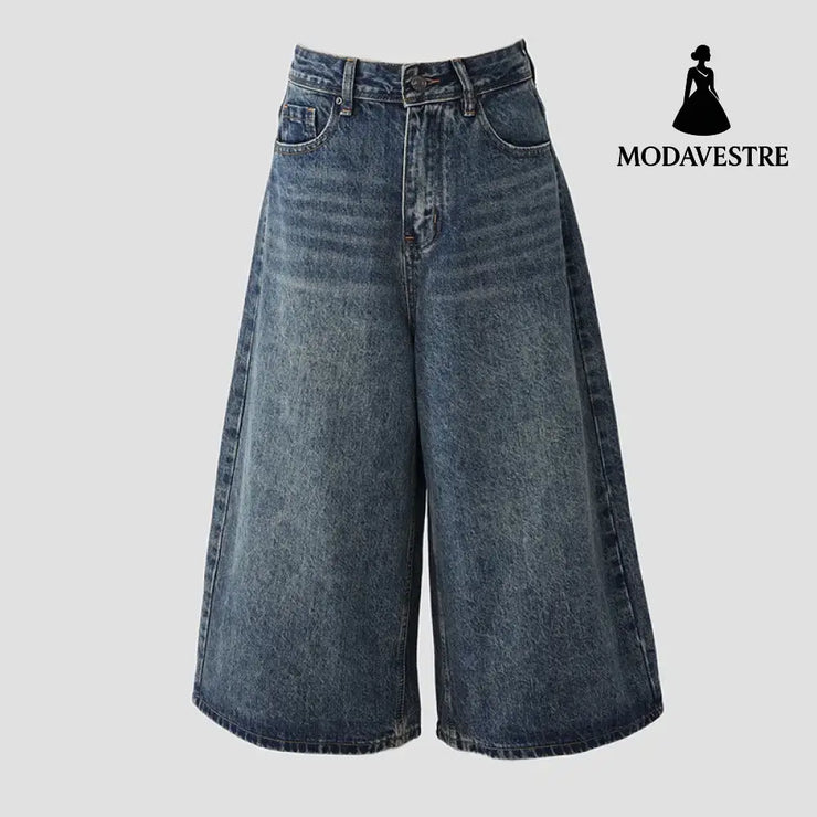High-Waisted Loose Wide-Leg Pants Flowy Versatile Cropped Straight-Leg Jeans for Women Retro Seven-Quarter Pants / XS
