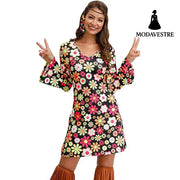 Hippie Clothing Print Dress Women Black / 4XL