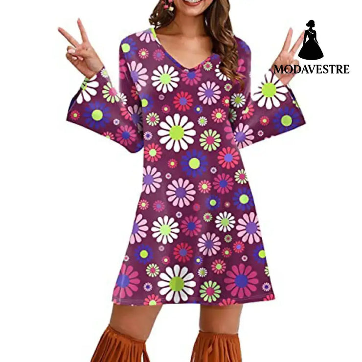 Hippie Clothing Print Dress Women Floral Purple / 4XL