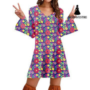 Hippie Clothing Print Dress Women Flower Color / 4XL