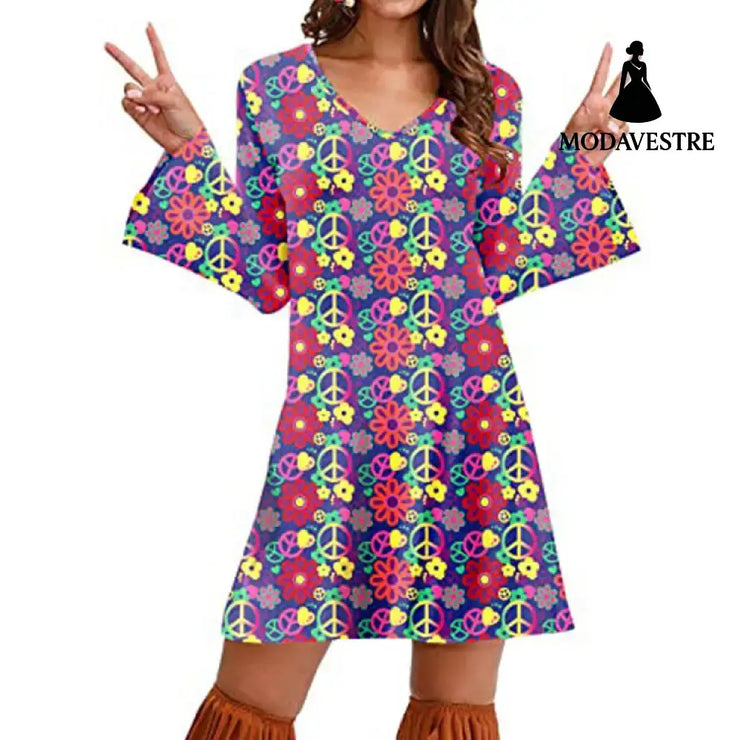 Hippie Clothing Print Dress Women Flower Color / 4XL
