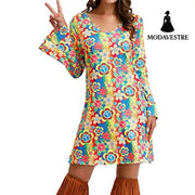 Hippie Clothing Print Dress Women Rainbow Color / 4XL