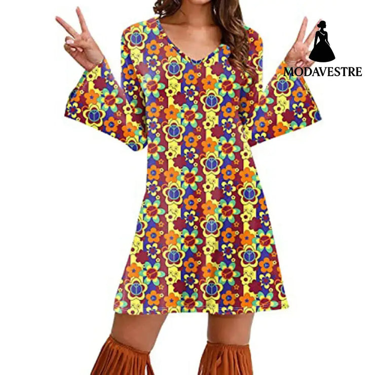 Hippie Clothing Print Dress Women Red / 4XL