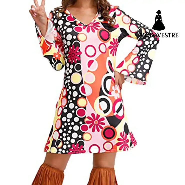 Hippie Clothing Print Dress Women Yellow / 4XL