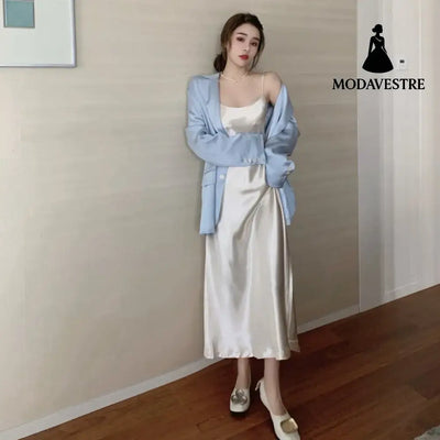 Hong Kong Flavor Satin Suspender Skirt Casual Gloss Suit