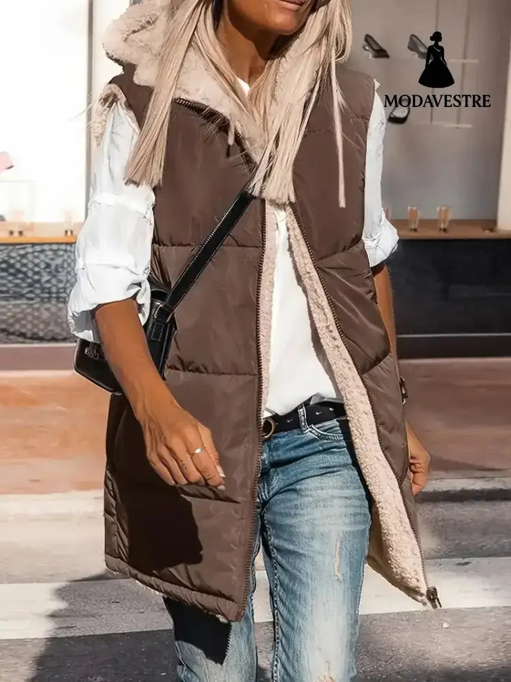 Hooded Double-sided Slim Fit Elegant Cardigan Vest Brown / L