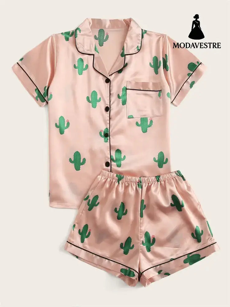 Household Clothing Pajama Set For Women Pink Cactus / L