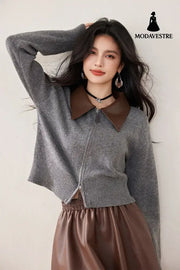 Knitted Cardigan with Polo Neck Retro Loose Fit Patchwork Design Women’s Outerwear