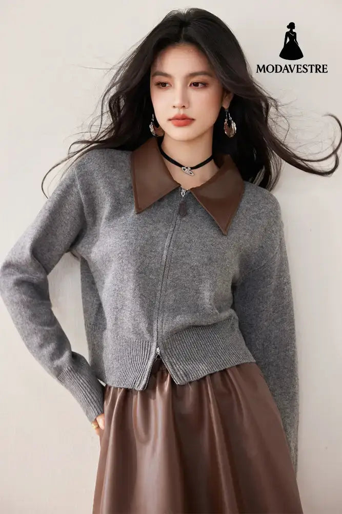 Knitted Cardigan with Polo Neck Retro Loose Fit Patchwork Design Women’s Outerwear