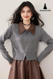 Knitted Cardigan with Polo Neck Retro Loose Fit Patchwork Design Women’s Outerwear