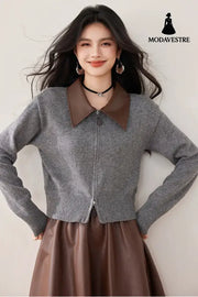 Knitted Cardigan with Polo Neck Retro Loose Fit Patchwork Design Women’s Outerwear