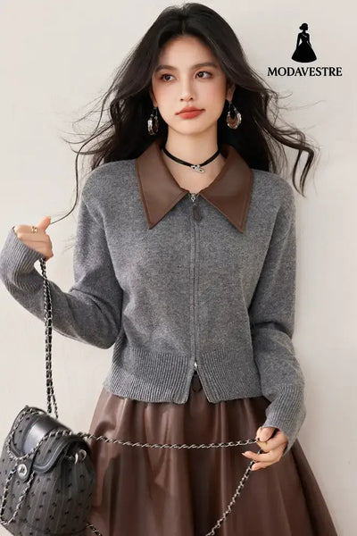 Knitted Cardigan with Polo Neck Retro Loose Fit Patchwork Design Women’s Outerwear Gray / S