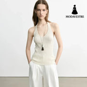 Knitted Halter Backless Tank Top – Minimalist Strapless Camisole for Women Apricot / One Size Fits All