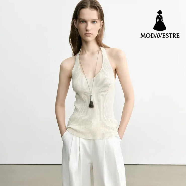 Knitted Halter Backless Tank Top – Minimalist Strapless Camisole for Women Apricot / One Size Fits All