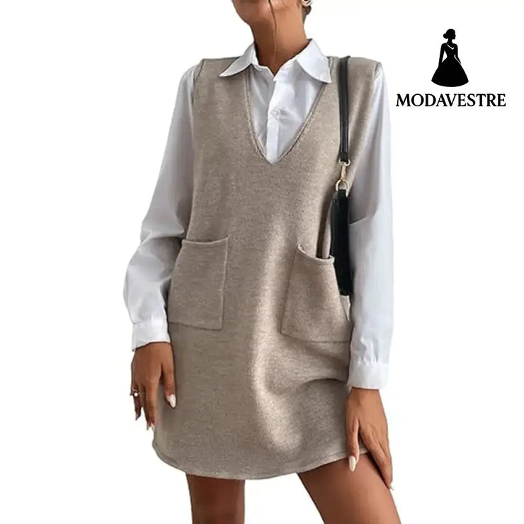 Knitted Medium Long Double Sided Vest Skirt Autumn/Winter New Korean Solid Color Sleeveless Versatile Dress Apricot / S