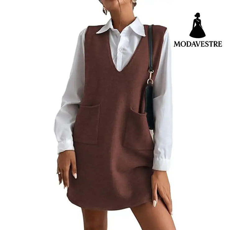 Knitted Medium Long Double Sided Vest Skirt Autumn/Winter New Korean Solid Color Sleeveless Versatile Dress Brown / S
