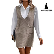 Knitted Medium Long Double Sided Vest Skirt Autumn/Winter New Korean Solid Color Sleeveless Versatile Dress Grey / S